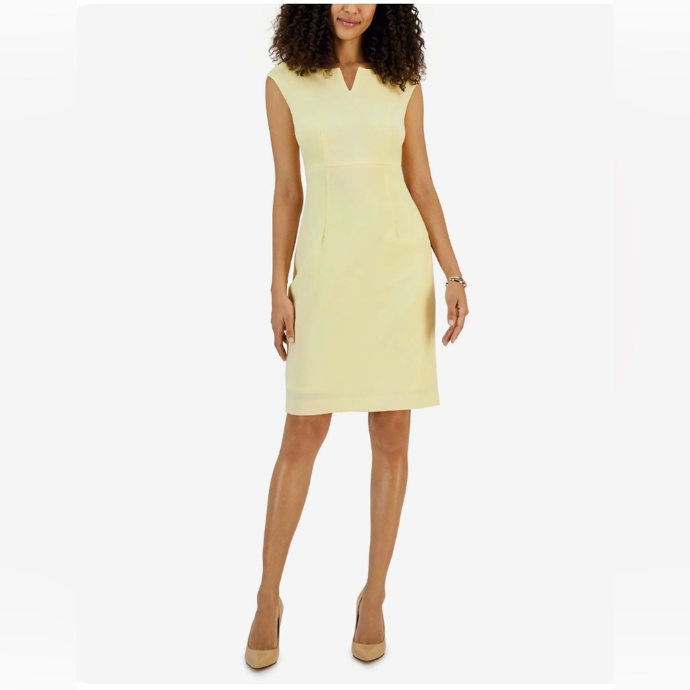 NWT Kasper Petite Notched-Neck Sheath Dress - Pale Yellow, Size 2 Petite